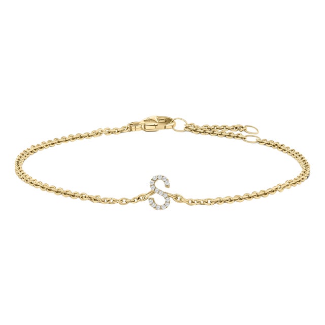 10K Yellow Gold Diamond Accent "S" Initial Charm and Link Bracelet For Sale