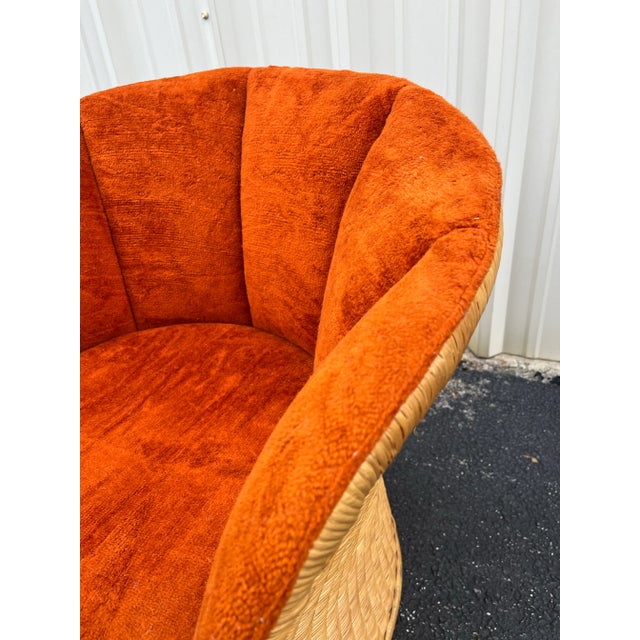 Wood 1960's Sculptural Rattan Barrel Chairs in Original Orange Chenille- A Pair For Sale - Image 7 of 12