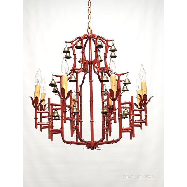Massive Vintage Italian Tole Red Faux Bamboo Birdcage Chandelier With Bells ~ Rewired ~ Restored ~ Rejuvenated ~ Ready to Hang ~ For Sale - Image 10 of 12