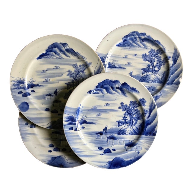 Antique 19th Century Japanese Blue & White Porcelain Plates Decorated in the Chinese Export Canton Style With Harbor Landscapes - a Set of 4 For Sale