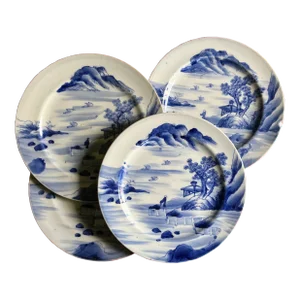 Antique 19th Century Japanese Blue & White Porcelain Plates Decorated in the Chinese Export Canton Style With Harbor Landscapes - a Set of 4
