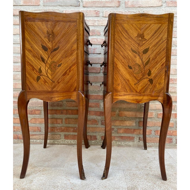 Pair of French Louis XV Revival Inlaid Bedside Tables with Three Drawers, 1940s For Sale - Image 10 of 11