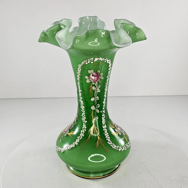 Vintage Fenton Art Glass Vase Charleton Awco Green Overlay Roses Hand Painted For Sale - Image 11 of 11