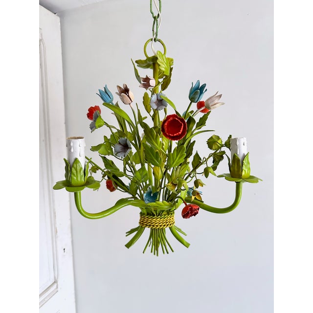 Mid-Century Floral Bouquet 3-Light Chandelier in Green Painted Tole Metal, 1960s For Sale - Image 16 of 16