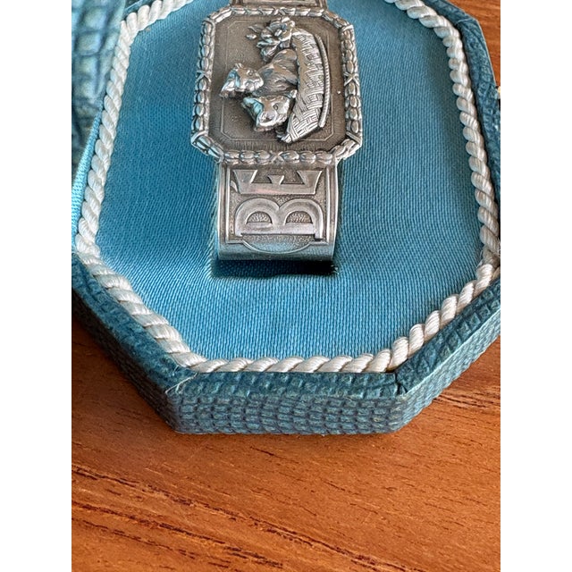 Silver Vintage Silver “Bebe” Baby Child Keepsake Napkin Ring Kitten Motif in Box For Sale - Image 8 of 12