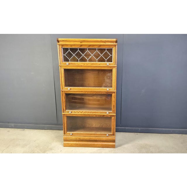 Oak Four Tier Barrister Bookcase with Leaded Glass, 1920 For Sale - Image 10 of 11