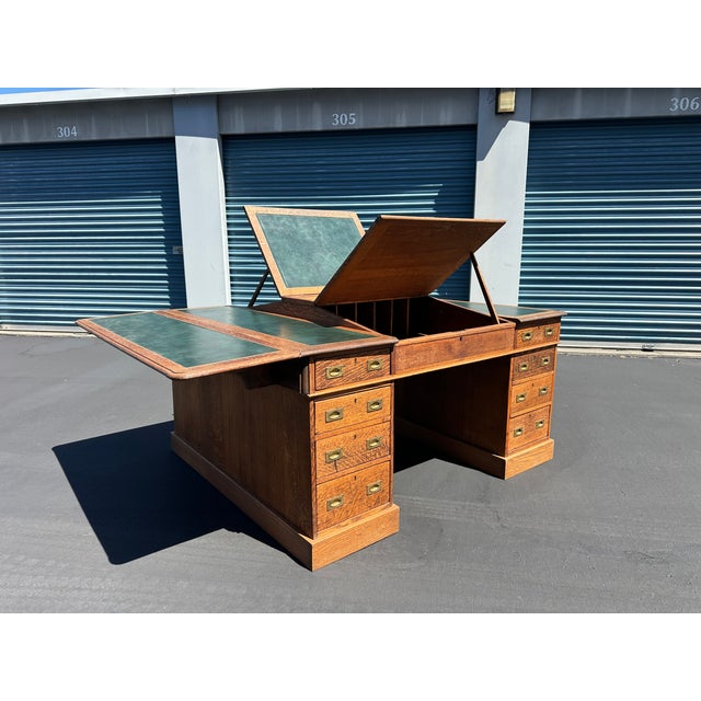 Double Pedestal Partners British Campaign Desk Solid Oak -Rare Antique-Made in England Double Pedestal British Campaign...