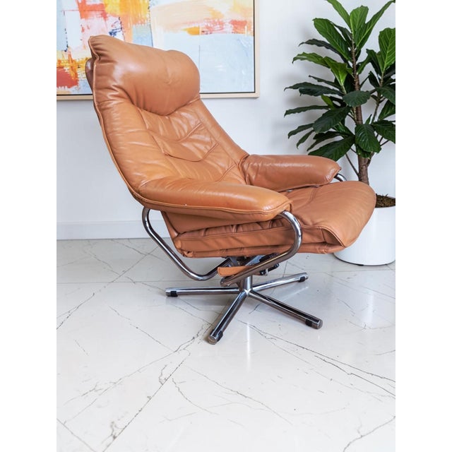 Set of Mid-Century Modern Leather Lounge Chair and Ottoman from Skoghaug Industri, 1980 For Sale - Image 9 of 18