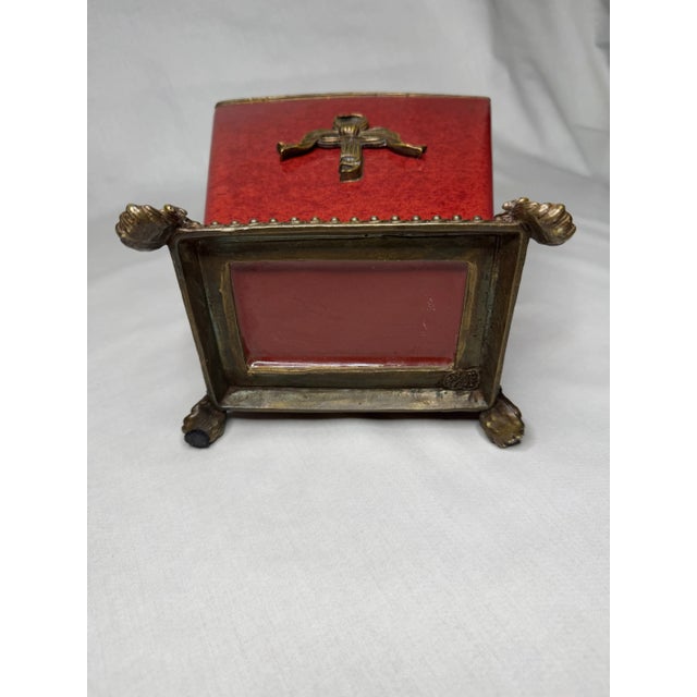French Provincial Ceramic Solid Brass Bow Red Jardiniere For Sale - Image 9 of 11