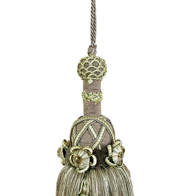 French Provincial Vintage French Passementerie Tassel Sage Green, Olive Green and Champagne For Sale - Image 3 of 5
