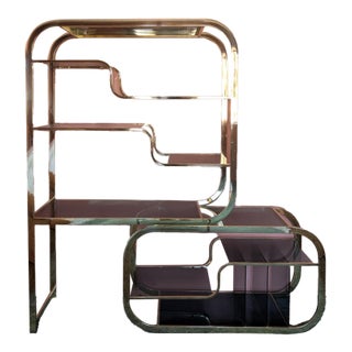 Deco Brass & Smoked Glass Adjustable Display Shelf/Etagere, C1980s For Sale