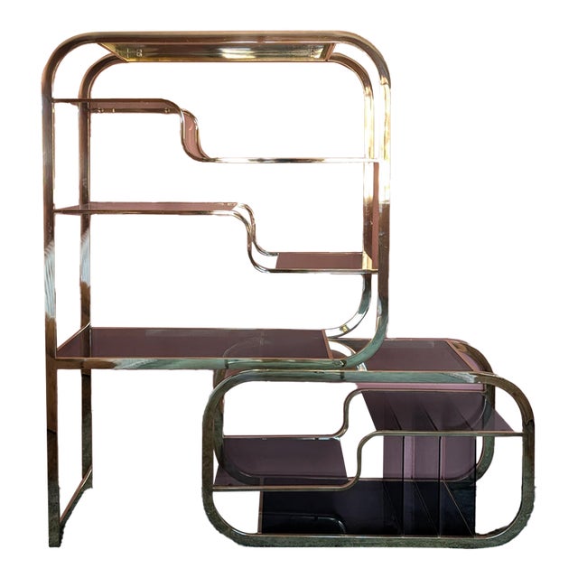 Deco Brass & Smoked Glass Adjustable Display Shelf/Etagere, C1980s For Sale
