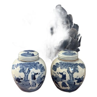 Pair of Small Blue & White Ginger Jars With Classic Chinese Motif For Sale