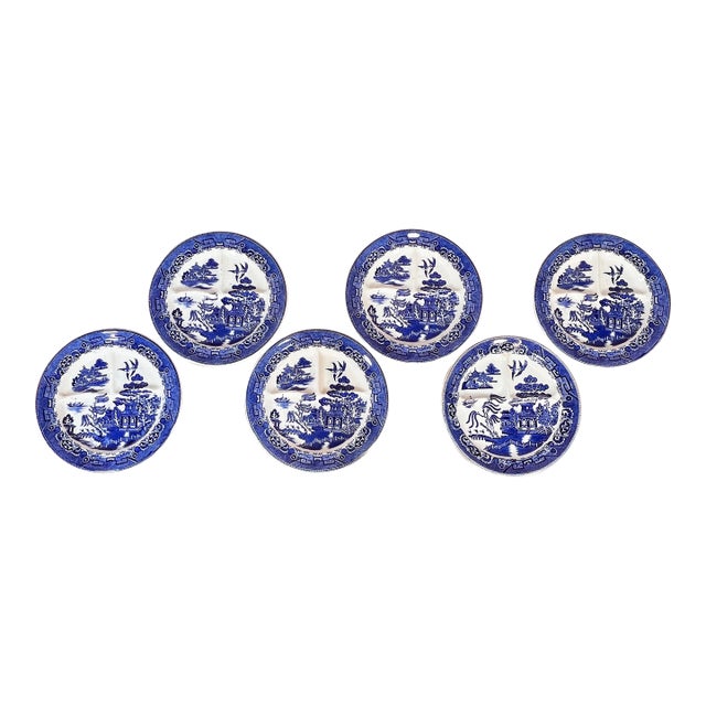 Vintage Blue Willow English Ceramic Divided Dinner Plates - Set of 6 For Sale