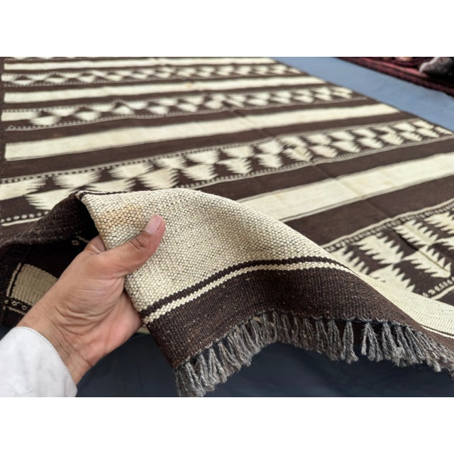 Textile 6x12 Vintage Flat Weave Kilim Rug, Brown & Ivory Geometric Design, Handwoven Wool Rug For Sale - Image 7 of 12