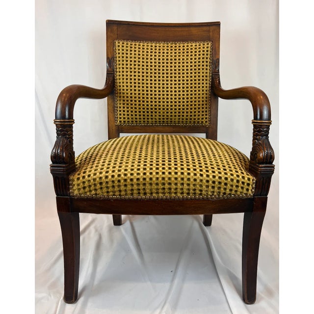 Antique Hand carved Wooden frame armchairs. Cir. 1850. Green and Yellow Mid Century Upholstery. Sourced in the South of...