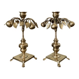 Circa 1970 Mottahedeh Brass Pear Tree Candlestick Holders - A Pair For Sale