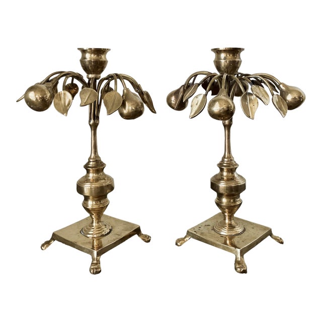 Circa 1970 Mottahedeh Brass Pear Tree Candlestick Holders - A Pair For Sale