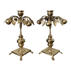 Circa 1970 Mottahedeh Brass Pear Tree Candlestick Holders - A Pair
