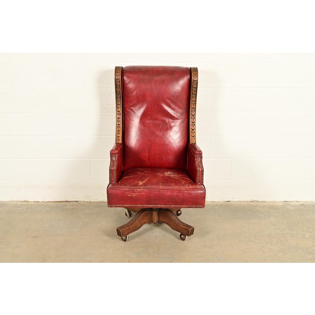 Mid-Century Modern Romweber Viking Oak and Leather High Back Executive Swivel Desk Chair, Circa 1960s For Sale - Image 3 of 14
