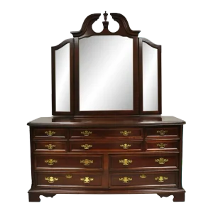 Late 20th Century Bassett Furniture Eden House Cherry 10 Drawer Triple Dresser With Triple Mirror