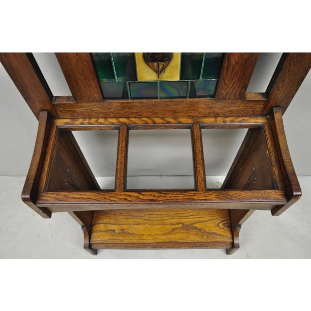 Antique English Art Nouveau Oak & Green Tile Coat Rack Umbrella Stand Hall Tree For Sale - Image 12 of 18
