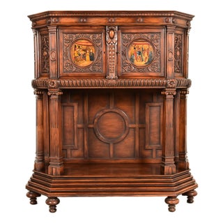 Antique French Renaissance Revival Ornate Carved Walnut Bar Cabinet, Circa 1890s For Sale