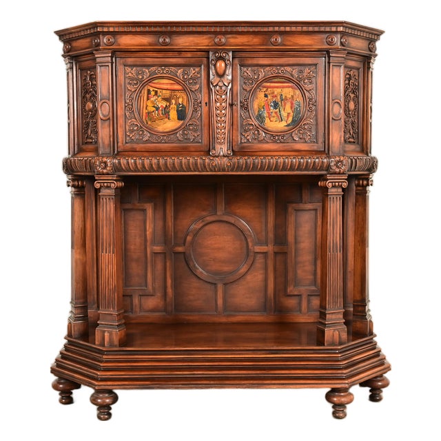 Antique French Renaissance Revival Ornate Carved Walnut Bar Cabinet, Circa 1890s For Sale