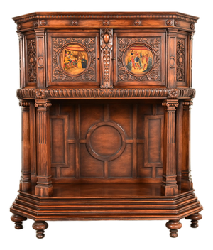 Antique French Renaissance Revival Ornate Carved Walnut Bar Cabinet, Circa 1890s