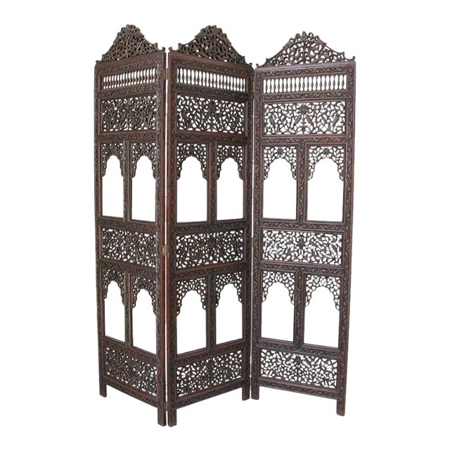 Anglo-Indian Mughal Hardwood Three-Panel Screen For Sale