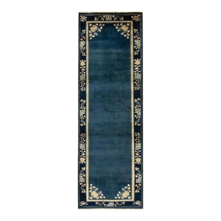 Vintage Chinese Deco Style Runner in Deep Blue, Off White, Gold Floral Border For Sale