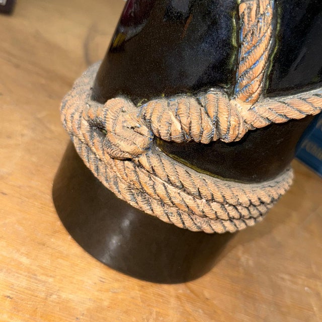 Black Deep Black Cylindrical Ceramic Vase with Rope Design For Sale - Image 8 of 10