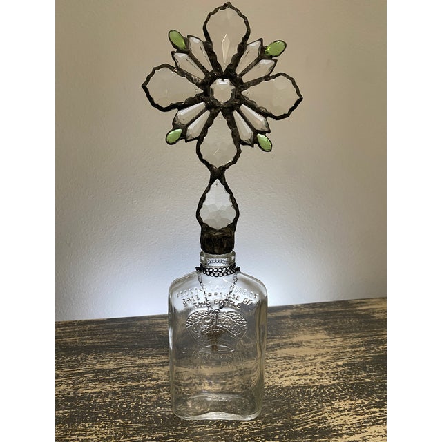 Gothic Handmade Crystal Cross Assemblage Sculpture on Embossed Clear Glass Flask For Sale - Image 3 of 7