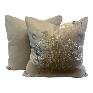 Nobilis “Echappe Belle” Embroidered Linen 20” Pillows - A Pair For Sale