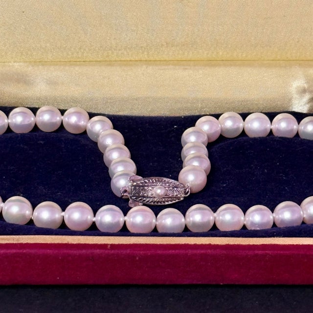 1990s 1990s Mikimoto Akoya Pearl Necklace 17" Sterling Silver 8 - 8.5 Mm Estate For Sale - Image 5 of 10
