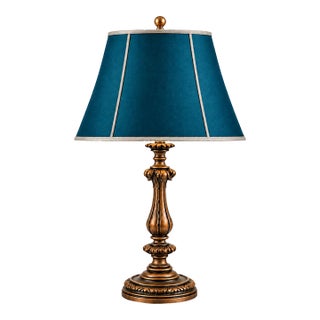 Vintage Neoclassical Acanthus Table Lamp With Peacock Teal Satin Shade For Sale