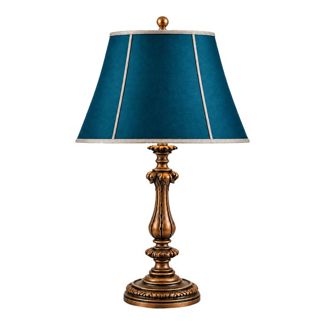 Vintage Neoclassical Acanthus Table Lamp With Peacock Teal Satin Shade For Sale