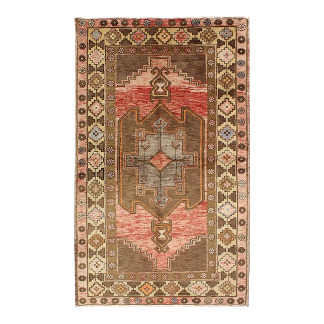Vintage Turkish Oushak Rug With Tribal Design in Rose, Brown and Yellow 3'4 X 5'8 For Sale