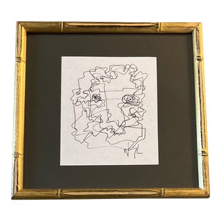 1980’s Original Wayne Cunningham Abstract Ink Drawing Vintage Faux Bamboo Frame Signed For Sale