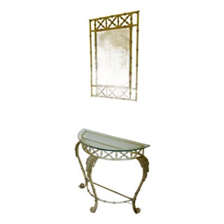Vintage Hollywood Regency Faux Bamboo Console Table & Mirror Set Demilune Palm Beach Regency 1970s For Sale