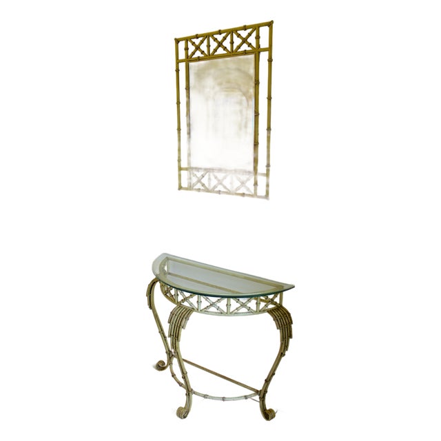 Vintage Hollywood Regency Faux Bamboo Console Table & Mirror Set Demilune Palm Beach Regency 1970s For Sale