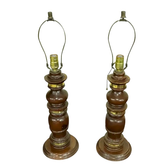 Mid-Century Modern Pair of Mid Century Wood and Brass Lamps For Sale - Image 3 of 5
