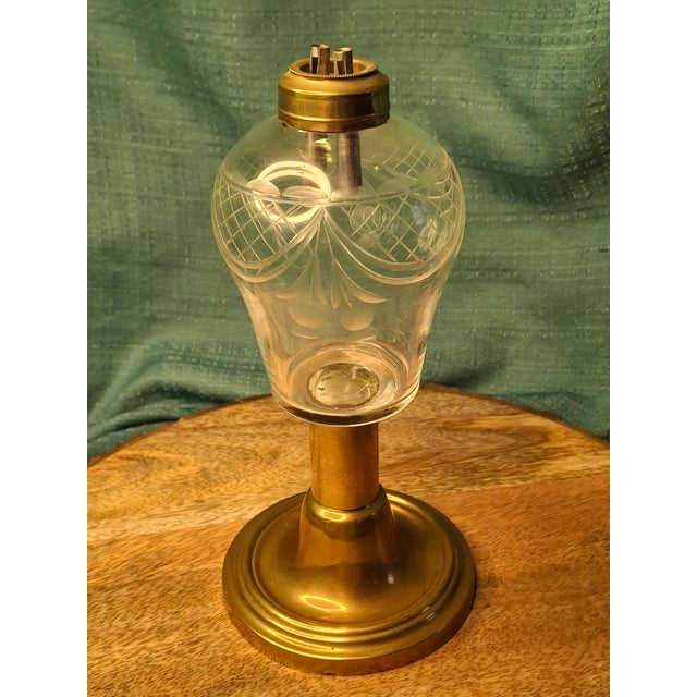 Rare 1840s Whale Oil Lamp Etched Glass Font Original Double Burner Iron Base For Sale - Image 17 of 18