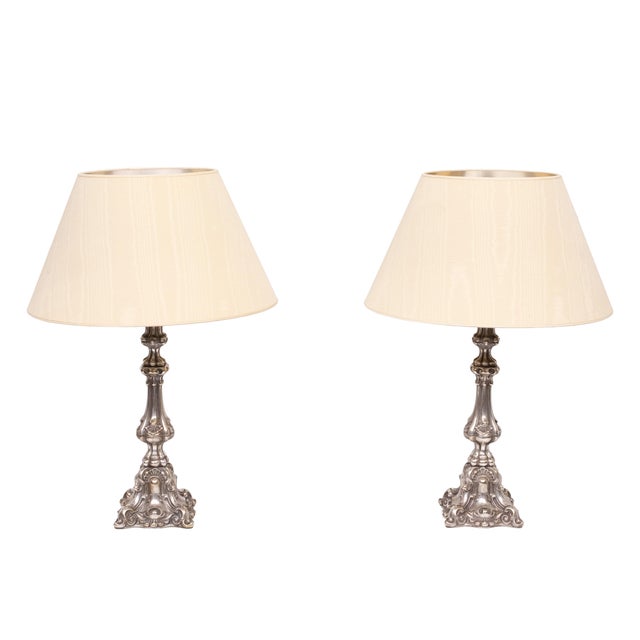 Beautiful set of silver-plated table lamps. Rococo in style. converted church candlesticks into Table lamps. comes with...