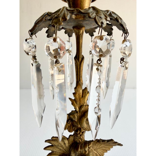 Metal Pair of Antique Brass Victorian Girandole Candlesticks With Marble Base & Prisms For Sale - Image 7 of 12