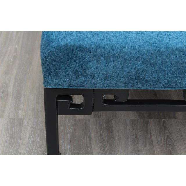 Mid Century Ottoman With Blue Velvet Top For Sale - Image 4 of 7