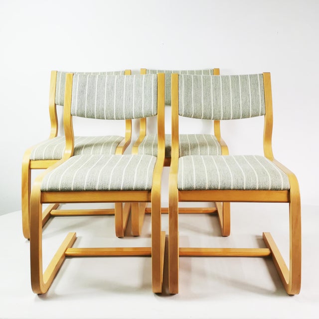 Set of 4 chairs, made in Denmark, late 1970s. designed by Magnus Olesen. They are characterized by a modernist, economical...