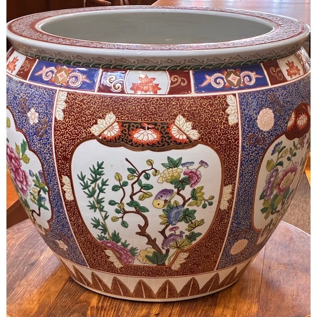 Late 20th Century Vintage Painted & Glazed Large Scale Chinese Porcelain Fish Bowl W/ Peony Flowers & Butterflies For Sale - Image 5 of 11