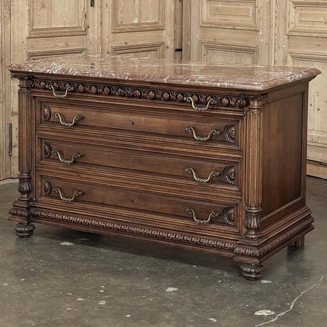 19th Century French Henry II Neoclassical Walnut Commode With Rouge Marble For Sale - Image 4 of 18
