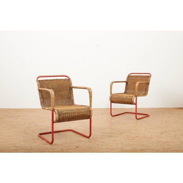 Side Table with Armchairs in Red Lacquered Tubular Steel, 1920s, Set of 3 For Sale - Image 13 of 18